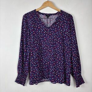 Talbots Women's Long Sleeve Navy Sprinkle Confetti Print Blouse V Neck M Casual